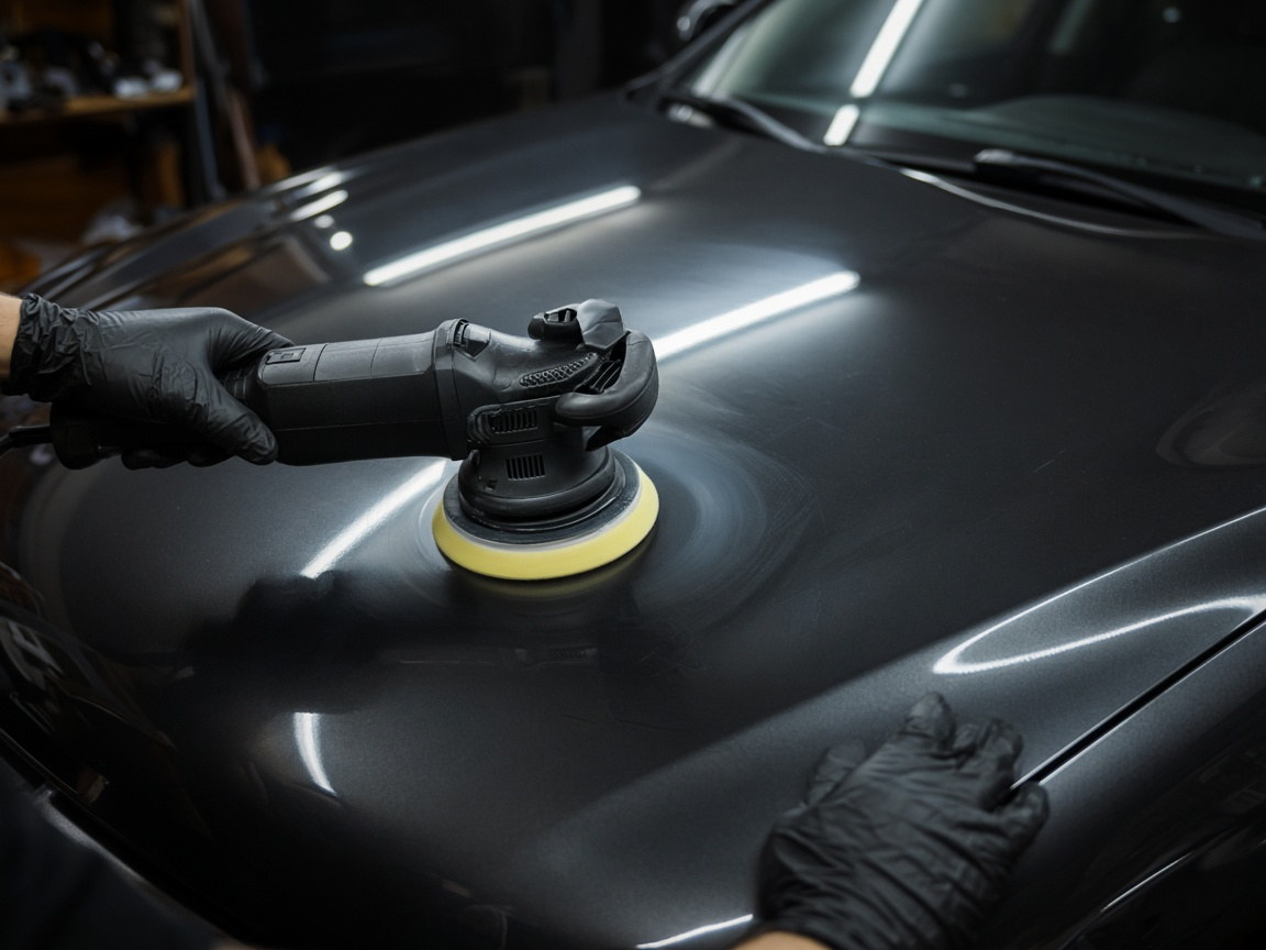 Poliermaschine auf einer dunklen Motorhaube, Hand in Handschuh