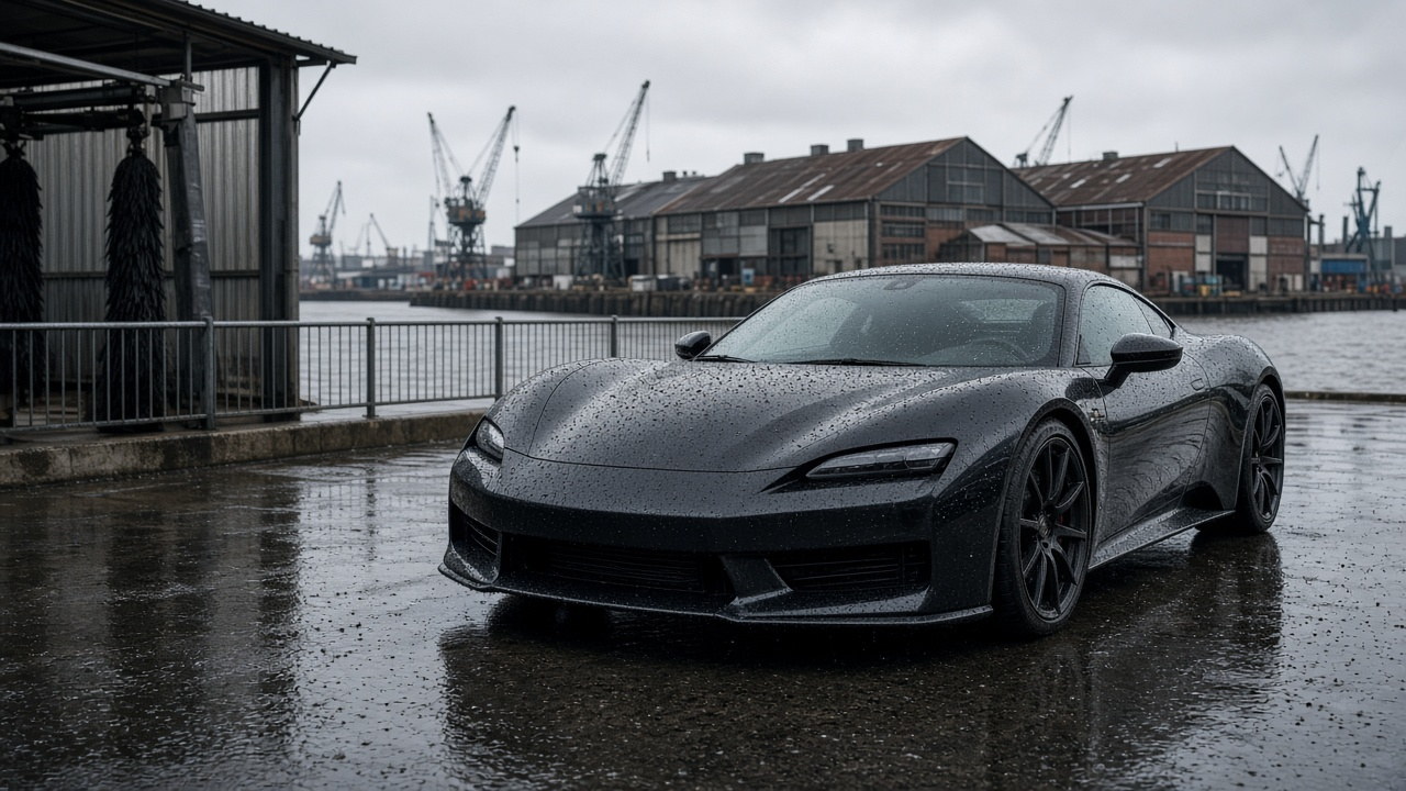 Nasses dunkles Auto auf nassem Asphalt vor Industriehallen am Hamburger Hafen